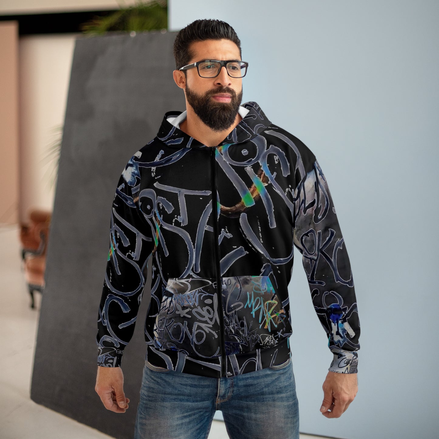 Urban Graffiti Unisex Zip Hoodie | Streetwear Style, Modern Fashion, Casual Comfort, Unique Gift Option, Cool Graphic Apparel